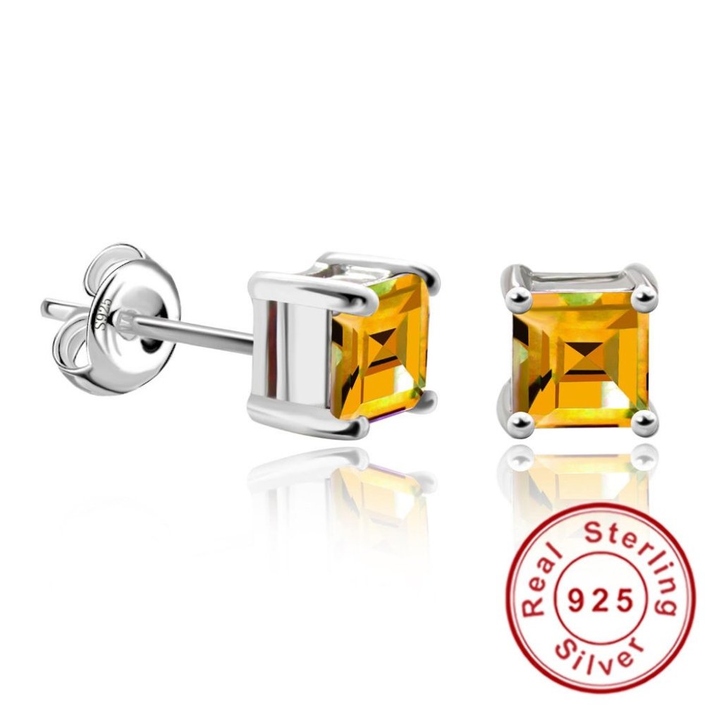 Sterling Silver Princess-Cut Gemstone Stud Earring